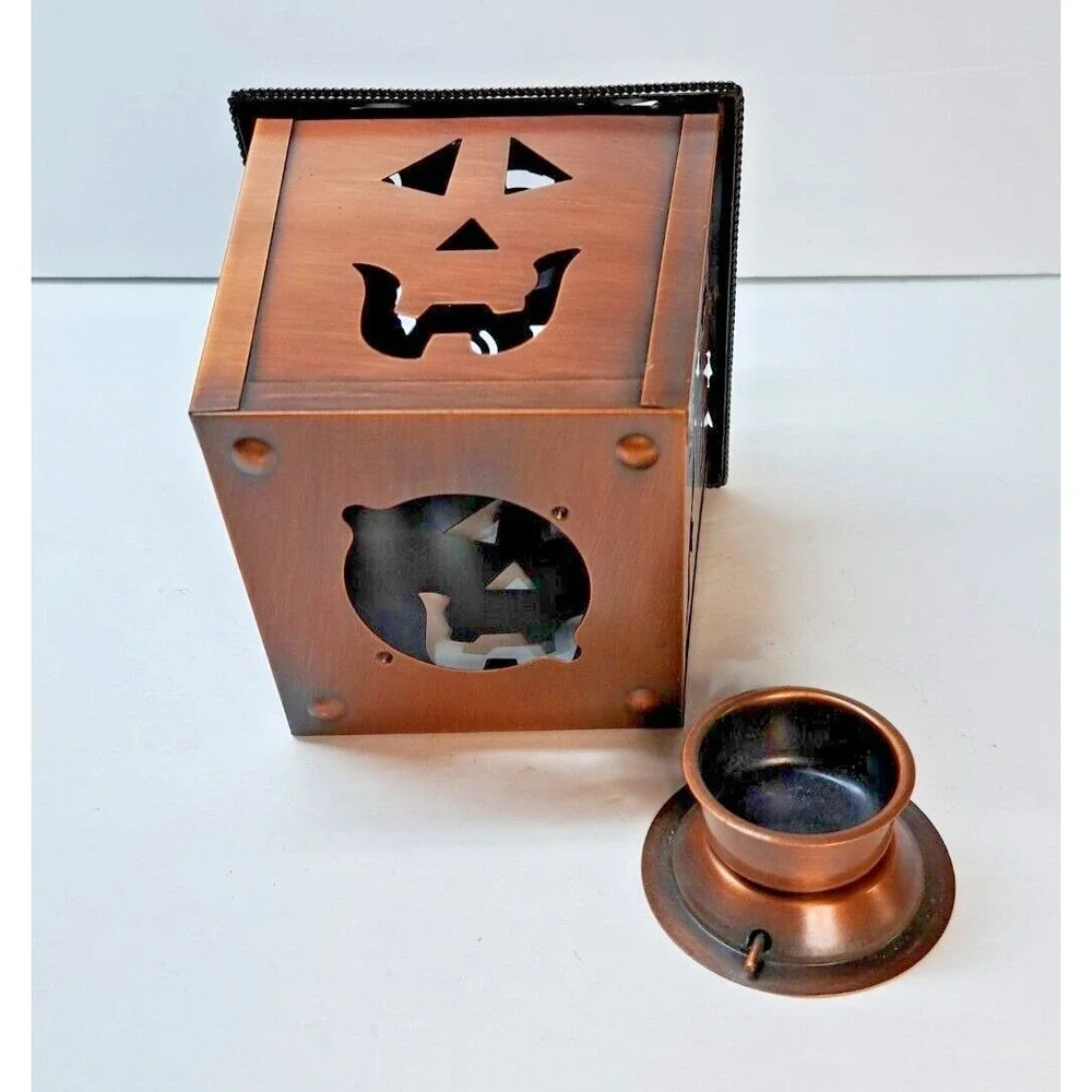 Halloween Metal Lantern Tealight Candle Holder Copper Bronze Tone Jack-O-Lantern